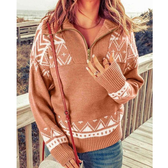 Rouge! Sweaters - Nordic White Print on Coral Pink Thick Knit Pullover Sweater Zip Collar